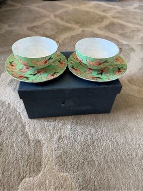 Green Butterfly Porcelain Teacup and Saucer Set - Pair